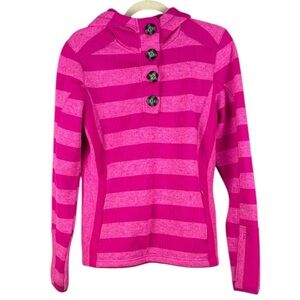 Avalanche Striped Sweater Fleece Button Neck Hoodie Medium Hot Pink Thumbholes 